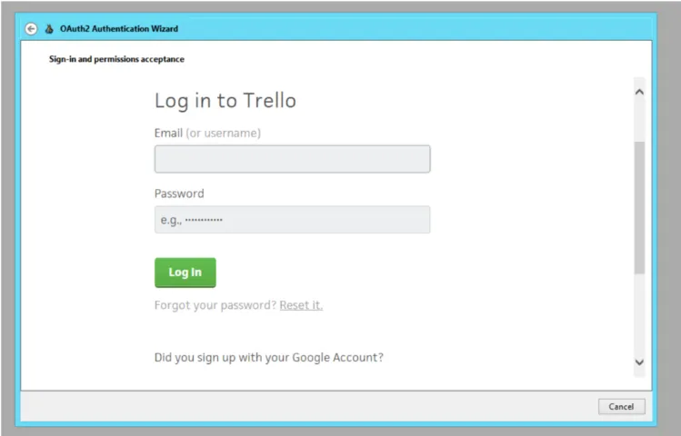 Anmeldung bei Trello mit einer Verbindungssoftware