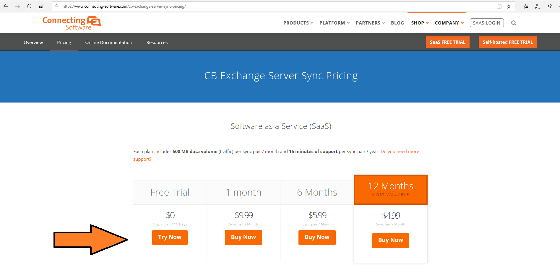 CB Exchange Server Sync Pricing page