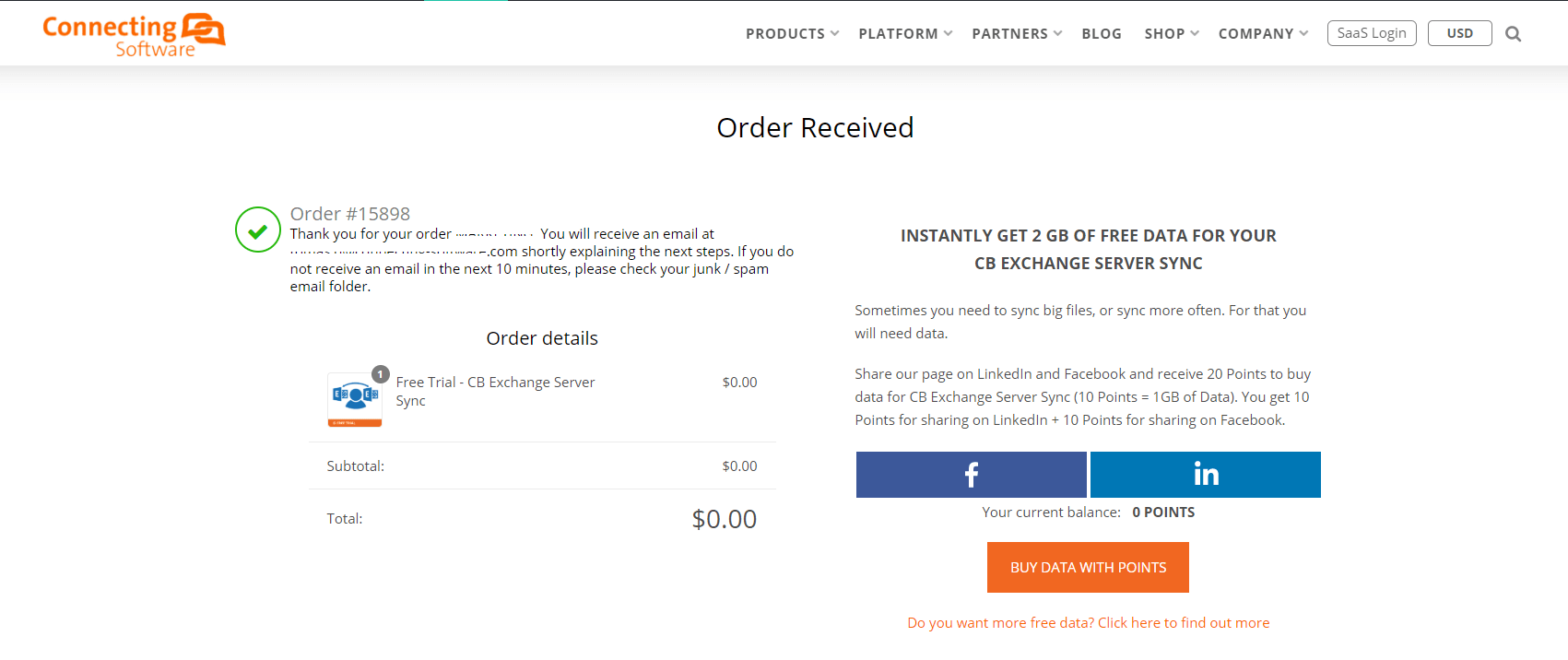 CB Exchange Server Sync - Thank you page