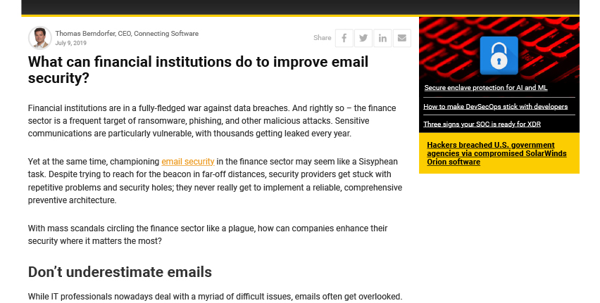 Featured image for "¿Qué pueden hacer las entidades financieras para mejorar la seguridad del correo electrónico?"