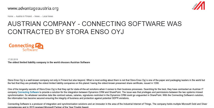 Immagine in primo piano per "Azienda austriaca - Connecting Software è stato commissionato da Stora Enso Oyj".
