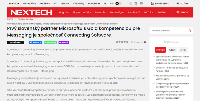 The first Slovak partner of Microsoft with Gold competence for Messaging is the company Connecting Software