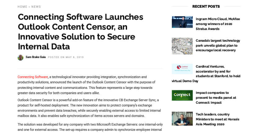 Uitgelichte afbeelding voor "Connecting Software lanceert Outlook Content Censor, een innovatieve oplossing om interne gegevens te beveiligen"