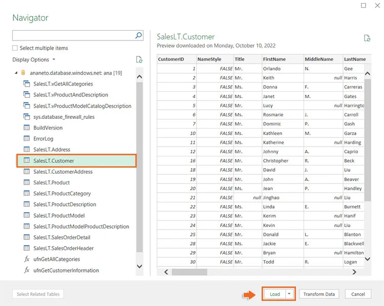 Connecter Excel à SQL - Étape 6 - Sélectionner une table