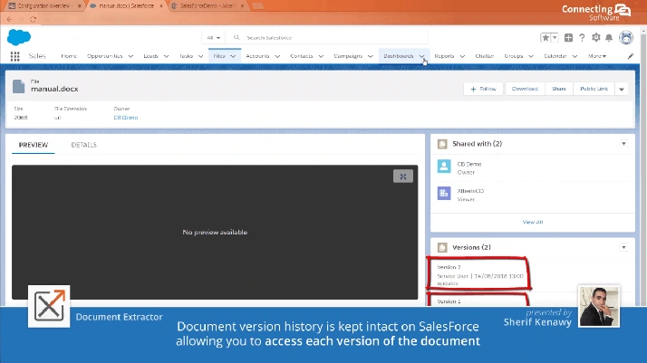 La cronologia delle versioni del documento viene mantenuta intatta su Salesforce consentendo di accedere ad ogni versione del documento