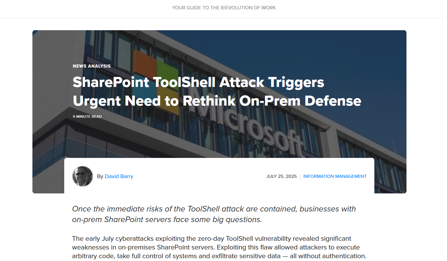 Featured image for "SharePoint ToolShell Attack Triggers Urgent Need to Rethink On-Prem Defense" (L'attaque de SharePoint ToolShell déclenche un besoin urgent de repenser la défense sur site)