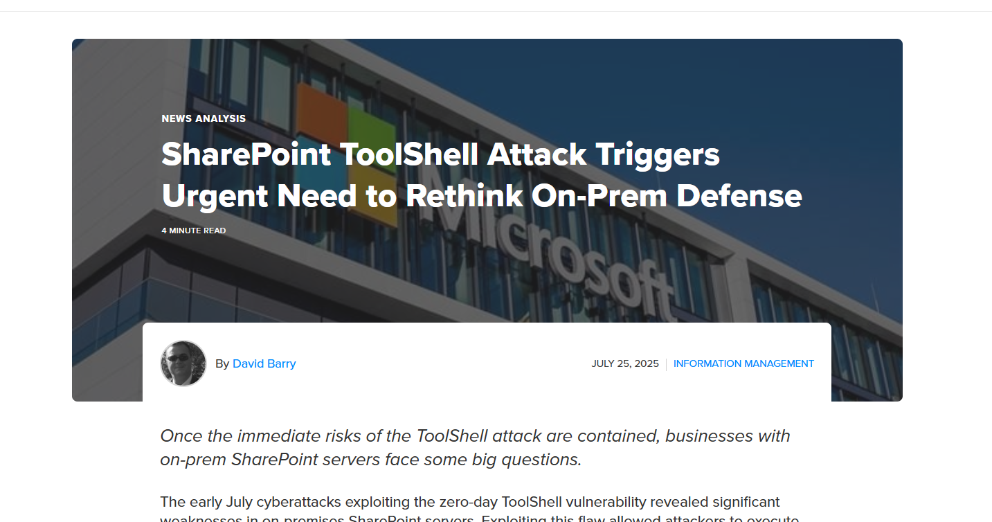 SharePoint ToolShell Attack Sparks Urgent Rethink of On-Premises Defense