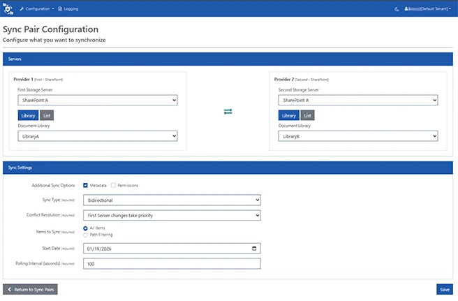 Captura de pantalla de Secure Sync para SharePoint
