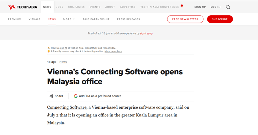 Das Wiener Unternehmen Connecting Software eröffnet eine Niederlassung in Malaysia