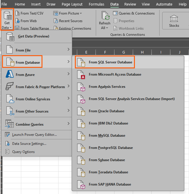 Connect Excel to SQL - Step 3 - Get Data from SQL Server Database