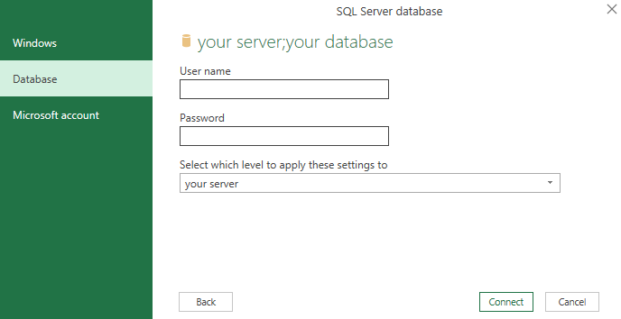 Connect Excel to SQL - Step 5 - Authentication